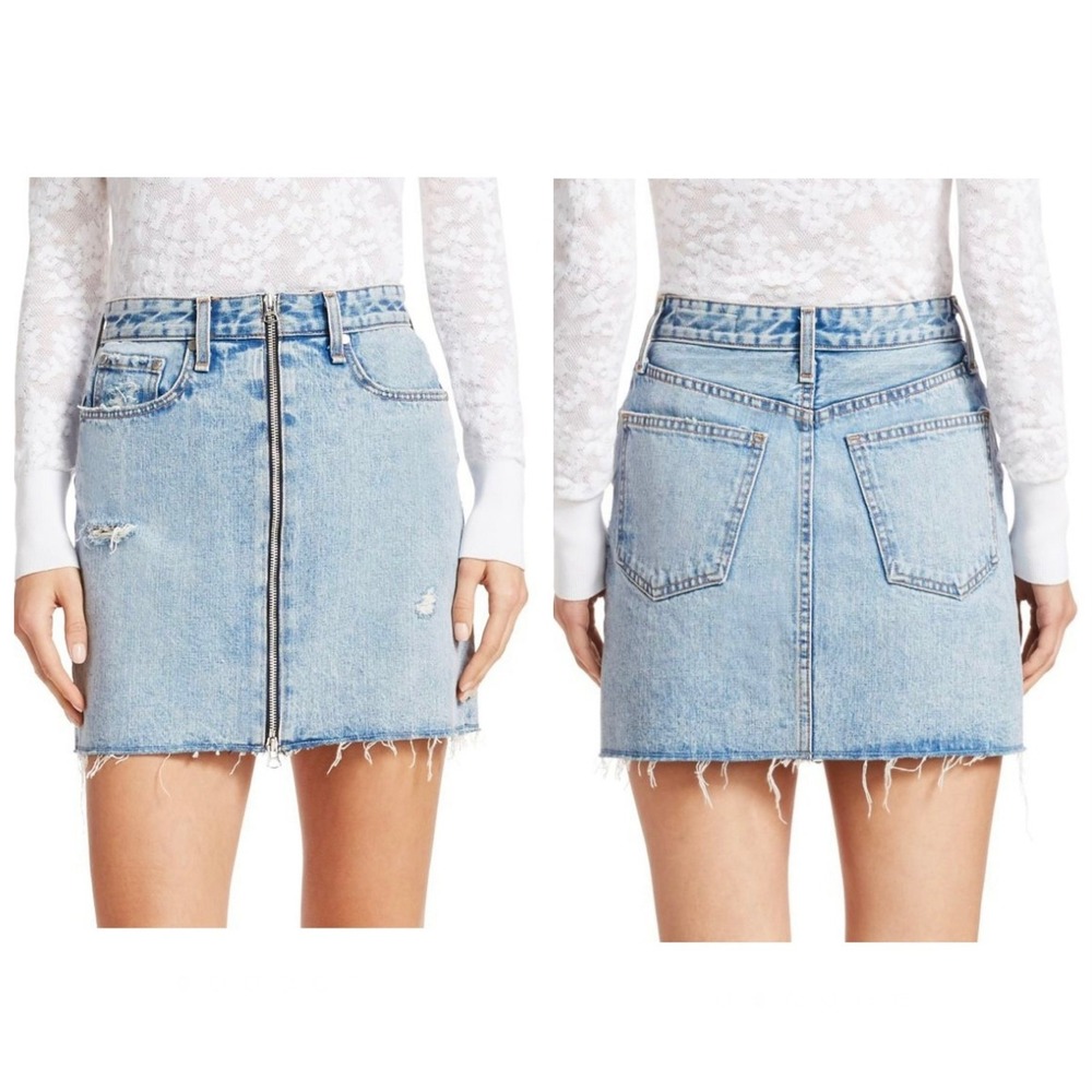 RAG & BONE Anna front Zip Distressed Denim Mini Skirt Size 27 blue mandy raw hem